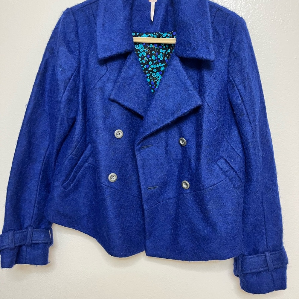 Free People Vibrant Blue Wool Blend short waisted pea coat